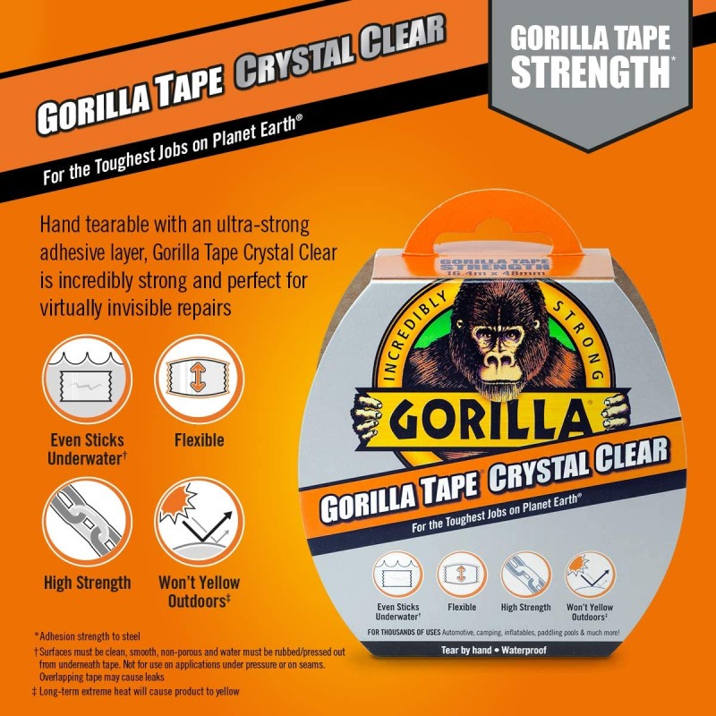 GORILLA CRYSTAL CLEAR GLOSS TOUGH STRONG REPAIR DUCT TAPE 8.2M X 48MM 1 pack 